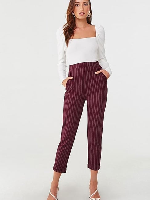 Forever 21 Burgundy & White Striped Trousers