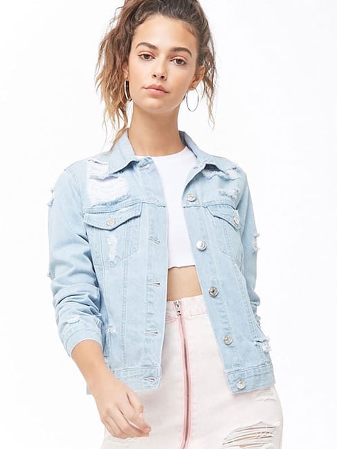 Distressed Jacket Denim Jackets For Womens Forever 21 Buy Forever 21 Light  Blue Distressed Denim Jacket For Women Online
