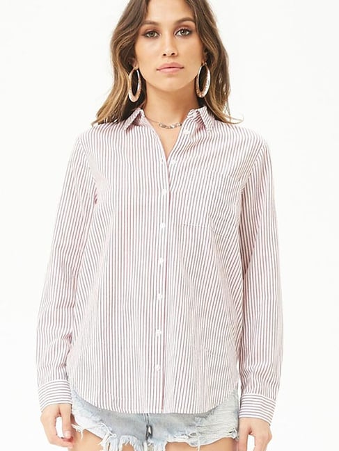 Forever 21 Cream & Burgundy Striped Shirt