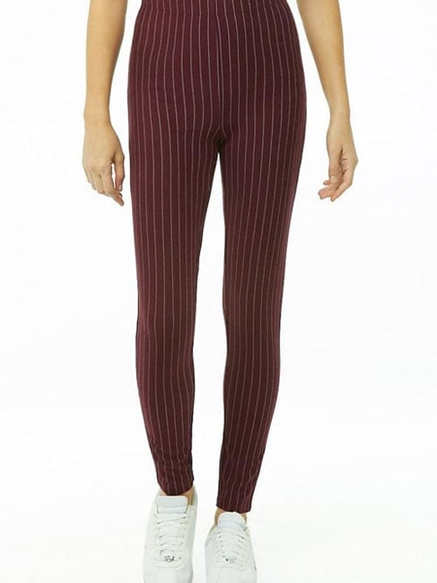 Forever 21 Burgundy & Cream Striped Leggings