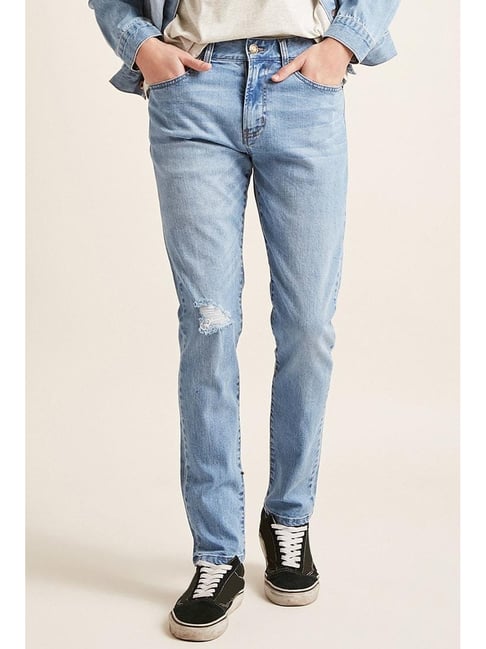 Buy Forever 21 Blue Cotton Straight Fit Distressed Jeans for Mens