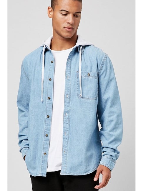 Buy Forever 21 Sky Blue Cotton Regular Fit Hooded Shirt for Mens