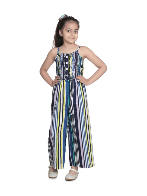 StyleStone Kids Blue Cotton Striped Jumpsuit