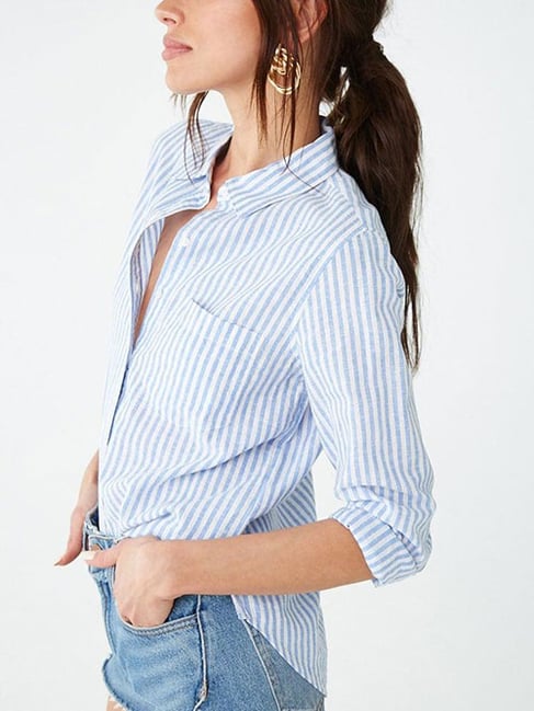 Button Down Striped Long Sleeve Shirt Forever 21 Forever 21 Blue