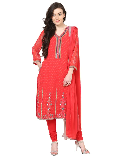 Biba Red Cotton Printed Kurta Pant Set With Dupatta