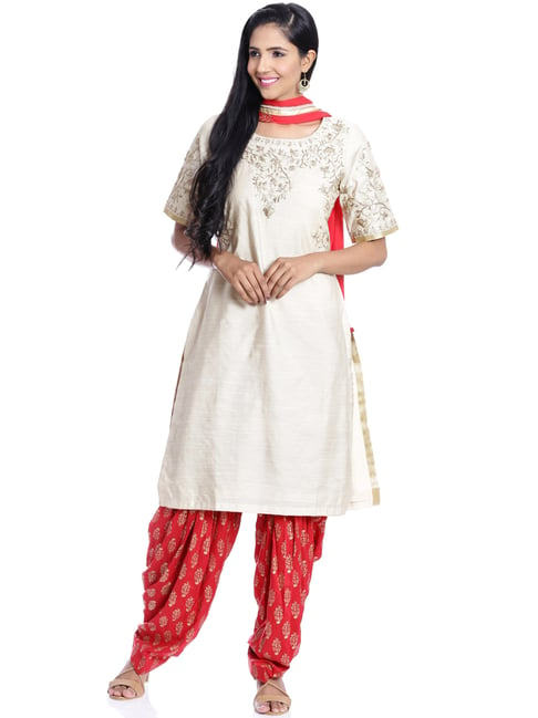 Biba White & Maroon Cotton Printed Kurta Salwar Set With Dupatta