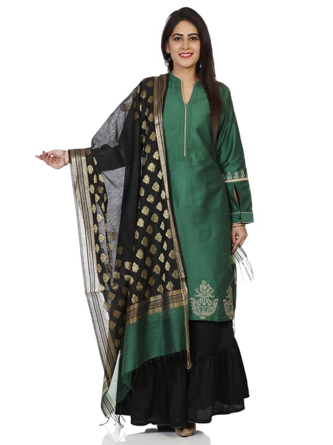 Biba Green & Navy Cotton Printed Kurta Sharara Set With Dupatta