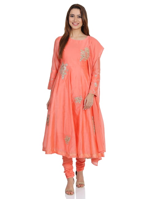 Biba Peach Embroidered Kurta Pant Set With Dupatta