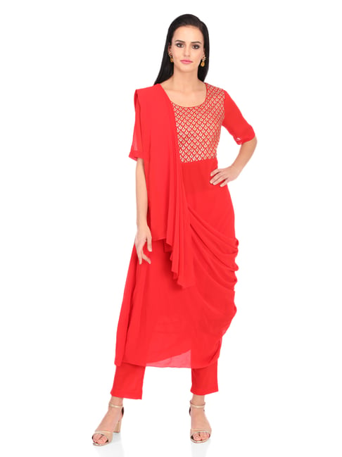 Biba Red Printed Kurta Pant Set With Dupatta