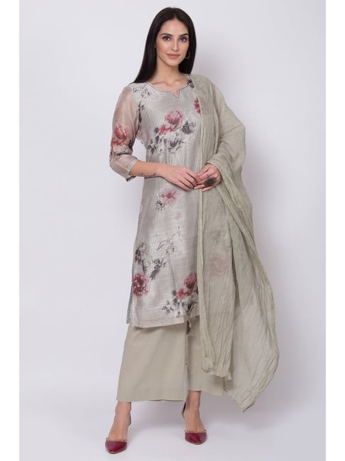 Biba Green Printed Kurta Palazzo Set With Dupatta