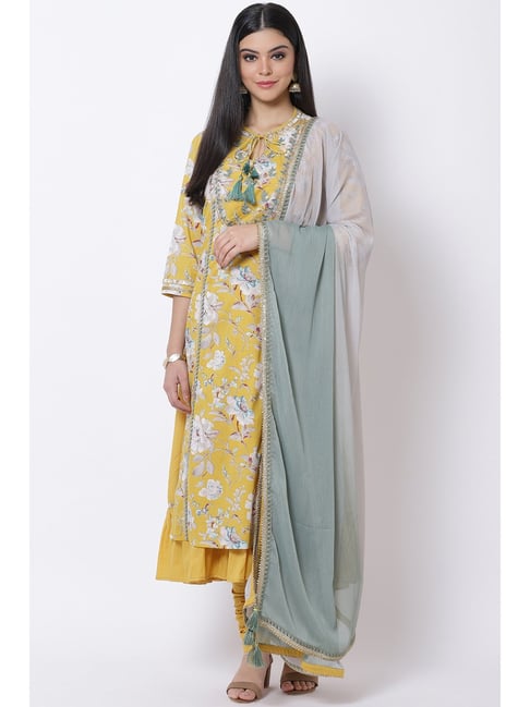 Biba Yellow Cotton Printed Kurta Pant Set With Dupatta