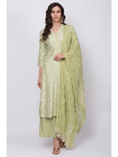 Biba Green Embroidered Kurta Palazzo Set With Dupatta