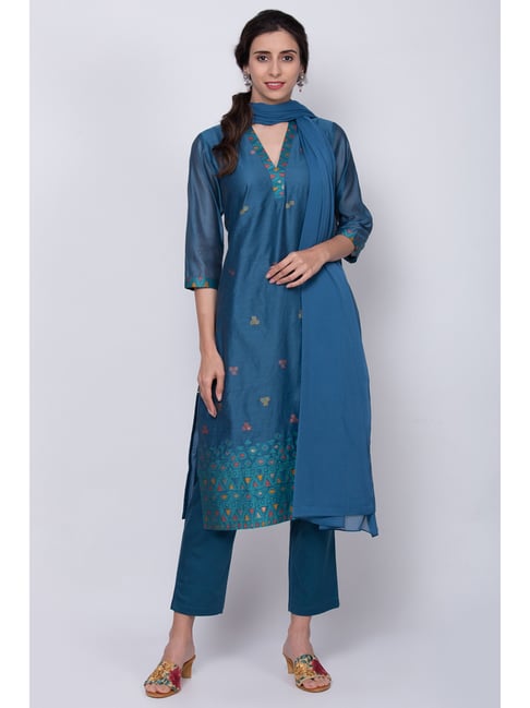 Biba Blue Embroidered Kurta Pant Set With Dupatta