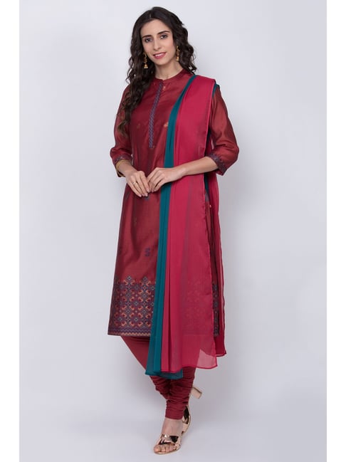 Biba Maroon Embroidered Kurta Pant Set With Dupatta