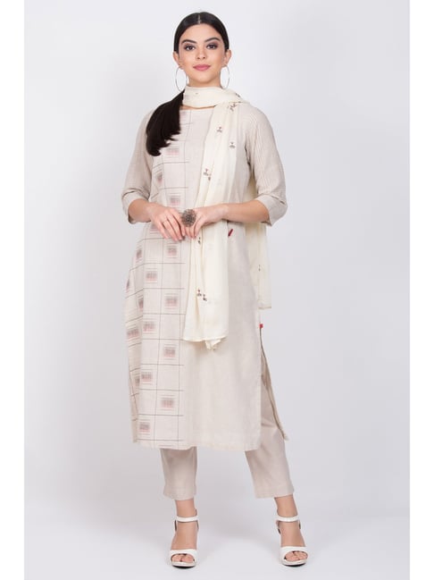 Biba Off-White Cotton Printed Kurta Pant Set With Dupatta