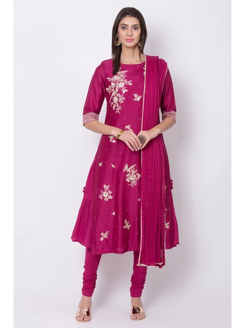 Biba Purple Embroidered Kurta Pant Set With Dupatta