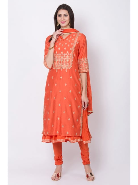 Biba Orange Embroidered Kurta Pant Set With Dupatta