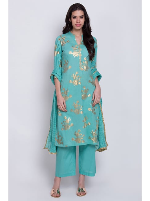 Biba Turquoise Cotton Printed Kurta Pant Set With Dupatta