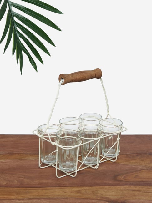 Westside Home Off-White Caddy With Six Tea Glasses