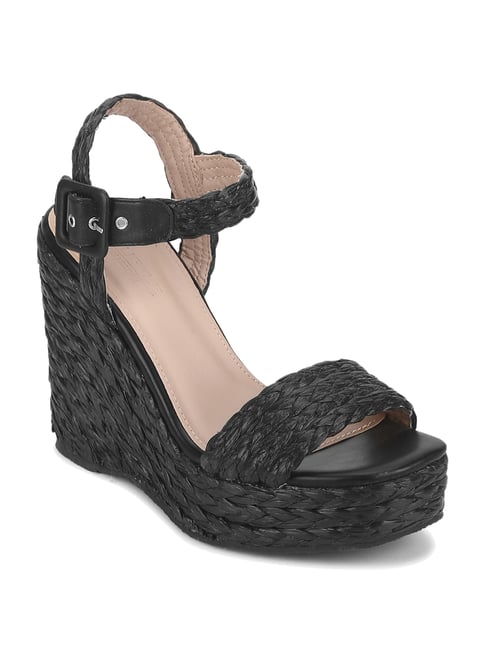 Truffle Collection Black Ankle Strap Wedges