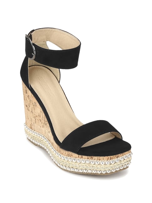 Truffle Collection Black Ankle Strap Wedges