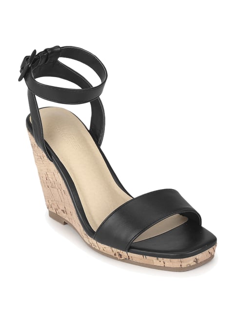 Truffle Collection Black Ankle Strap Wedges