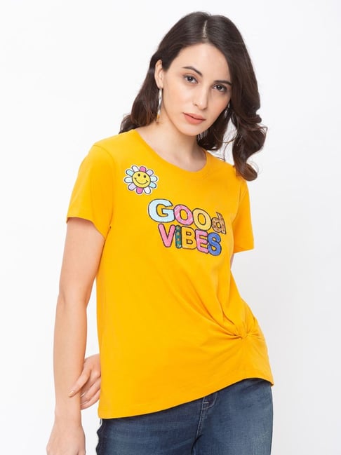 Globus Mustard Printed T-Shirt Price in India