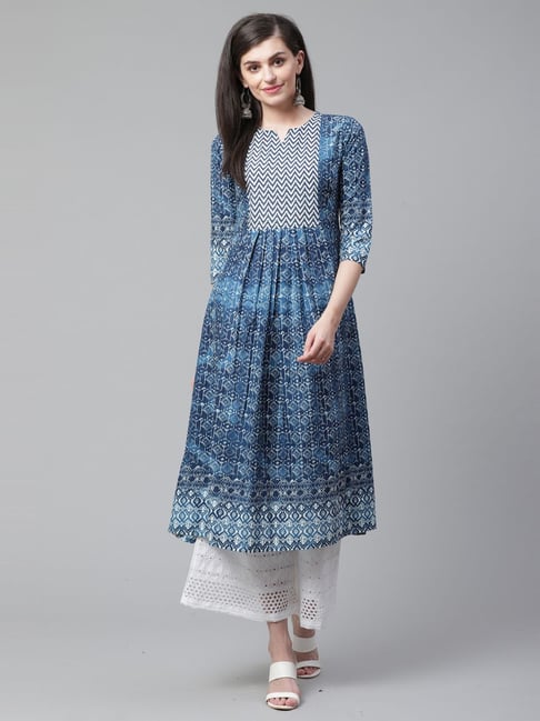 Indo Era Blue Cotton Printed Anarkali Kurta Price in India