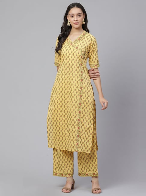 Indo Era Yellow Cotton Printed Kurta Bottom Set