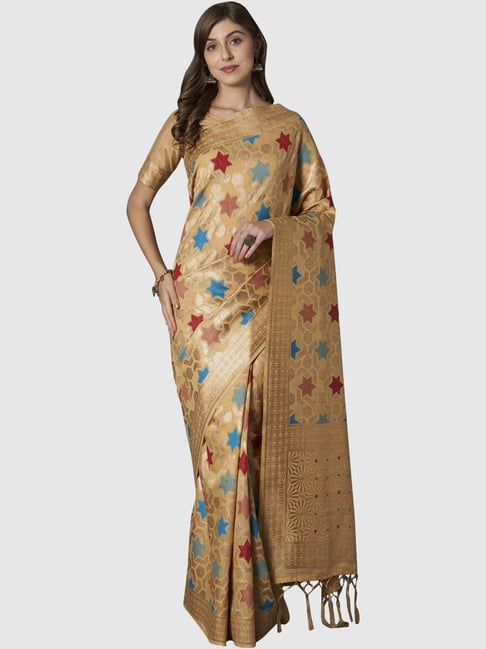 Saree Mall Beige & Golden Woven Saree With Unstitched Blouse