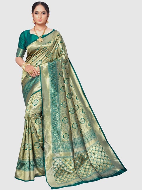 Saree Mall Golden & Green Woven Saree With Unstitched Blouse