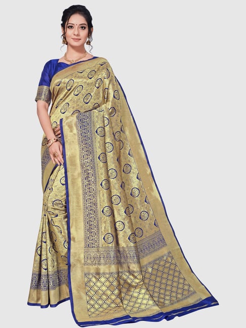 Saree Mall Golden & Navy Woven Saree With Unstitched Blouse