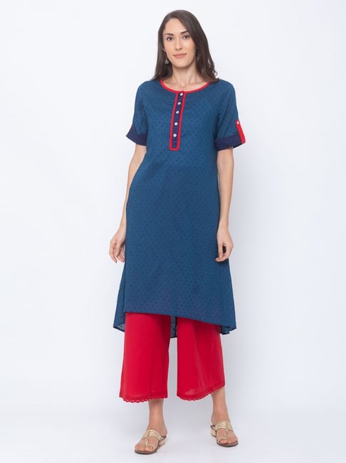 Globus Blue Self Print Kurta