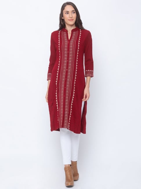 Globus Red Geometric Print Kurta