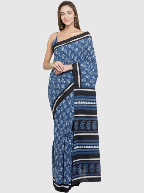 Geroo Jaipur Blue Cotton Block-Print Saree With Unstitched Blouse