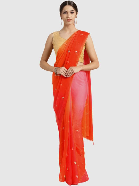 Geroo Jaipur Coral Orange and Pink Hand Embroidered Pure Chiffon Saree Price in India
