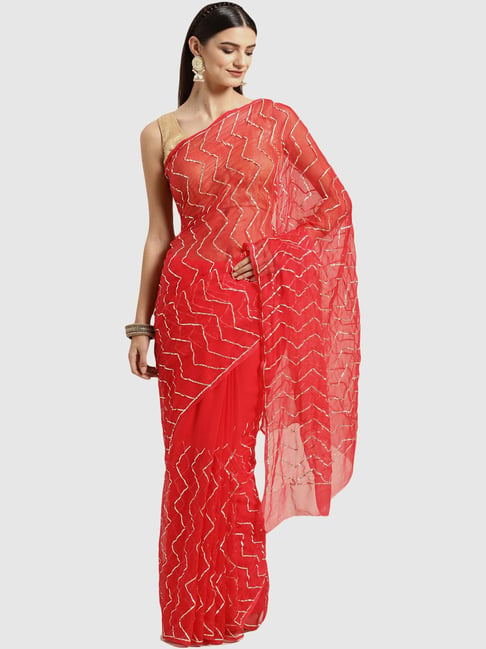 Geroo Jaipur Red Hand Embellished Gota Chiffon Saree