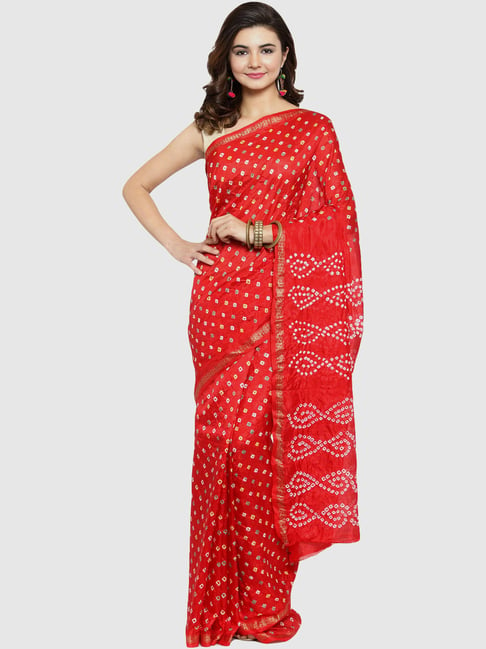 Geroo Jaipur Red Bandhani Print Saree With Unstitched Blouse Price in India