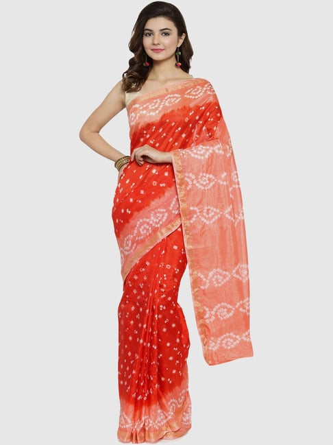 Geroo Jaipur Hand Dyed Orange & Peach Bandhani Silk Saree Price in India