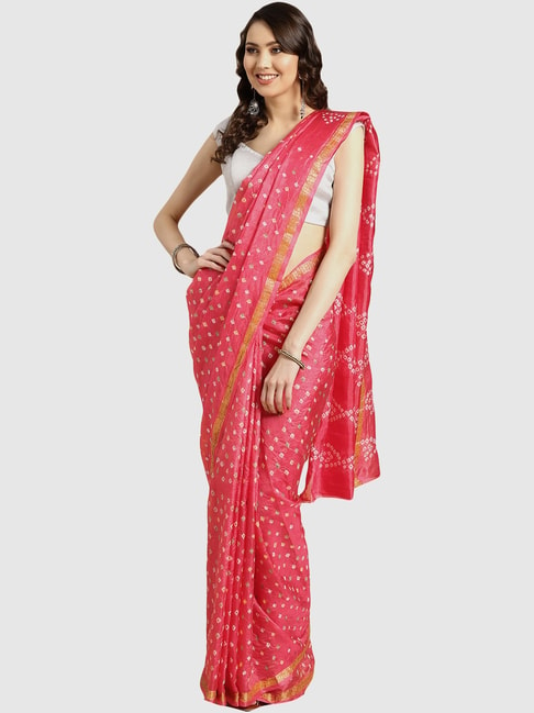 Geroo Jaipur Pink Bandhani Print Saree With Unstitched Blouse Price in India