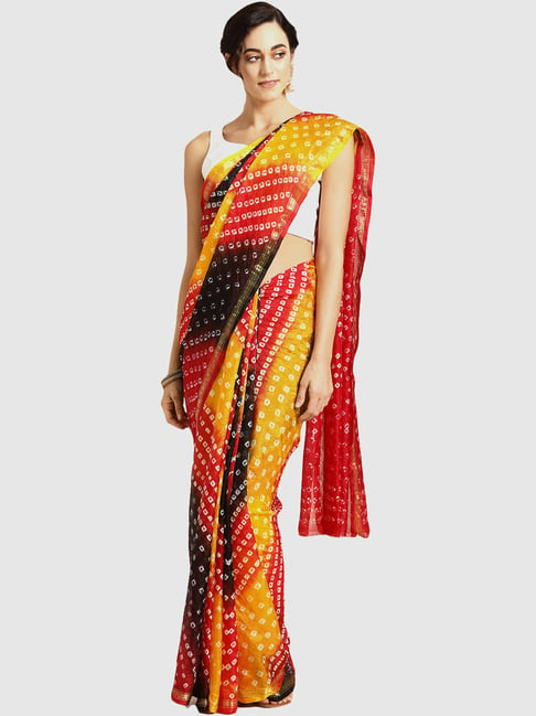 Geroo Jaipur Hand Dyed Multicolor Bandhani Silk Saree Price in India