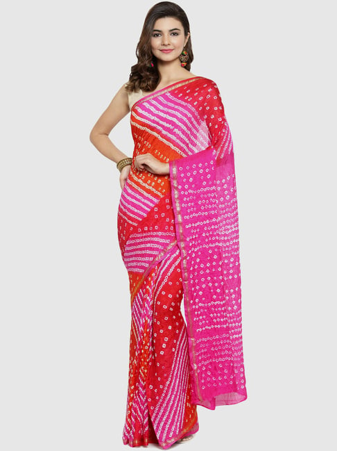 Geroo Jaipur Pink & Red Hand Dyed Bandhani Silk Saree