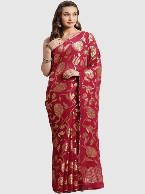 Geroo Jaipur Burgundy Hand Woven Floral Zari Georgette Saree Price in India