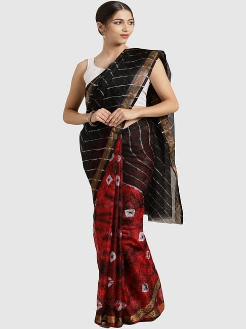 Geroo Jaipur Hand Dyed Red & Black Bandhani Kota Silk Saree Price in India