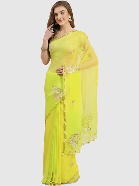 Geroo Jaipur Lime Green & Yellow Gota Patti Hand Embellished Chiffon Saree Price in India
