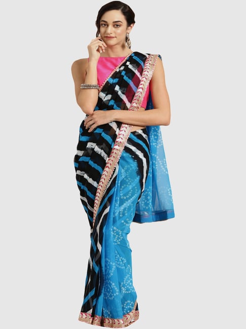 Geroo Jaipur Blue & Black Hand Dyed Bandhani Chiffon Saree-picture-31