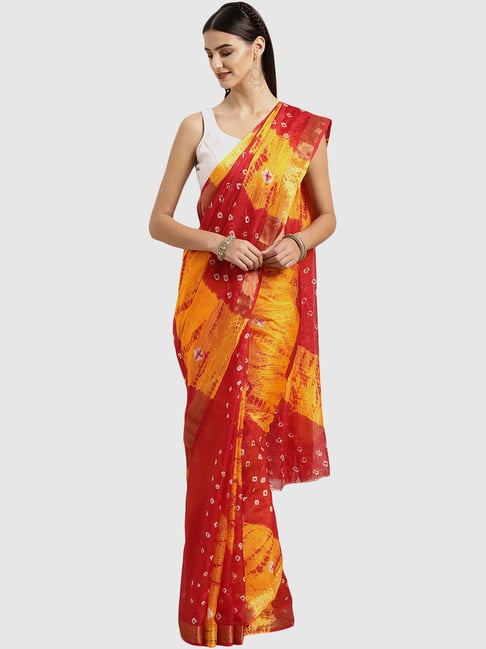 Geroo Jaipur Red & Yellow Hand Dyed Bandhani Kota Doria Saree-picture-40