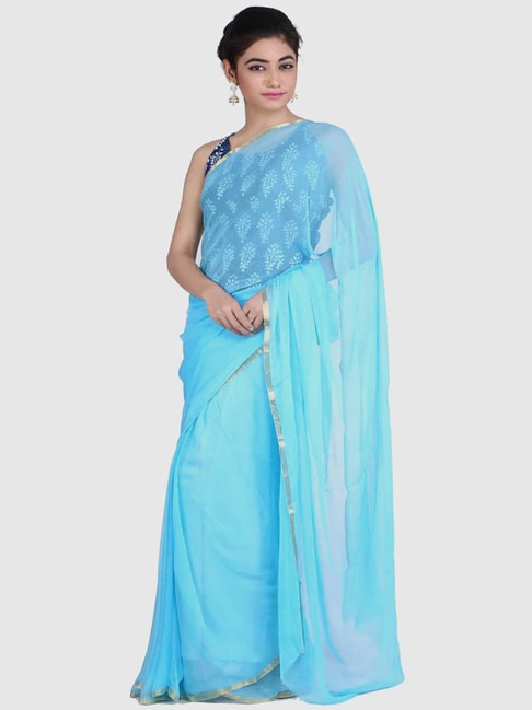 Geroo Jaipur Blue Saree With Unstitched Blouse Price in India