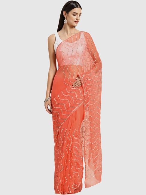 Geroo Jaipur Orange Hand Embellished Gota Chiffon Saree