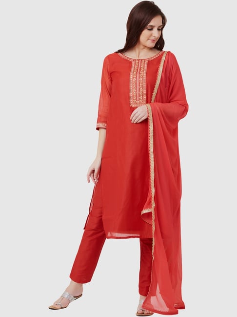 Imara Red Embroidered Kurta Pant Set With Dupatta